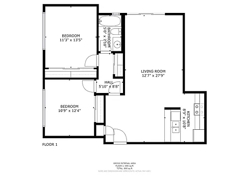 Floor plan 2 Bdrm 1 Bath Kitchen Facing Dining Room