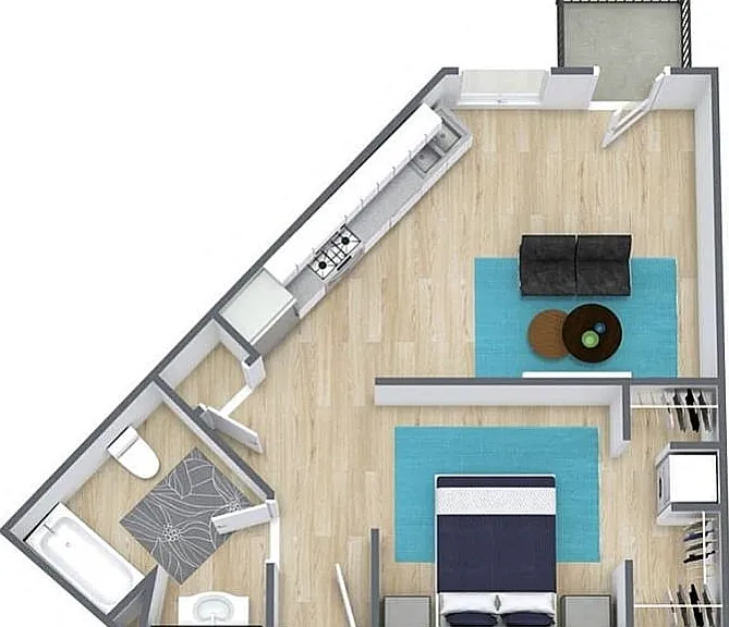 Aspen _ our largest studio at 554 sq ft with a unique layout. Aspen _ our largest studio at 554 sq ft with a unique layout.