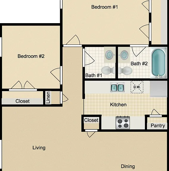 2 Bed 1.5 Bath Floorplan Diagram