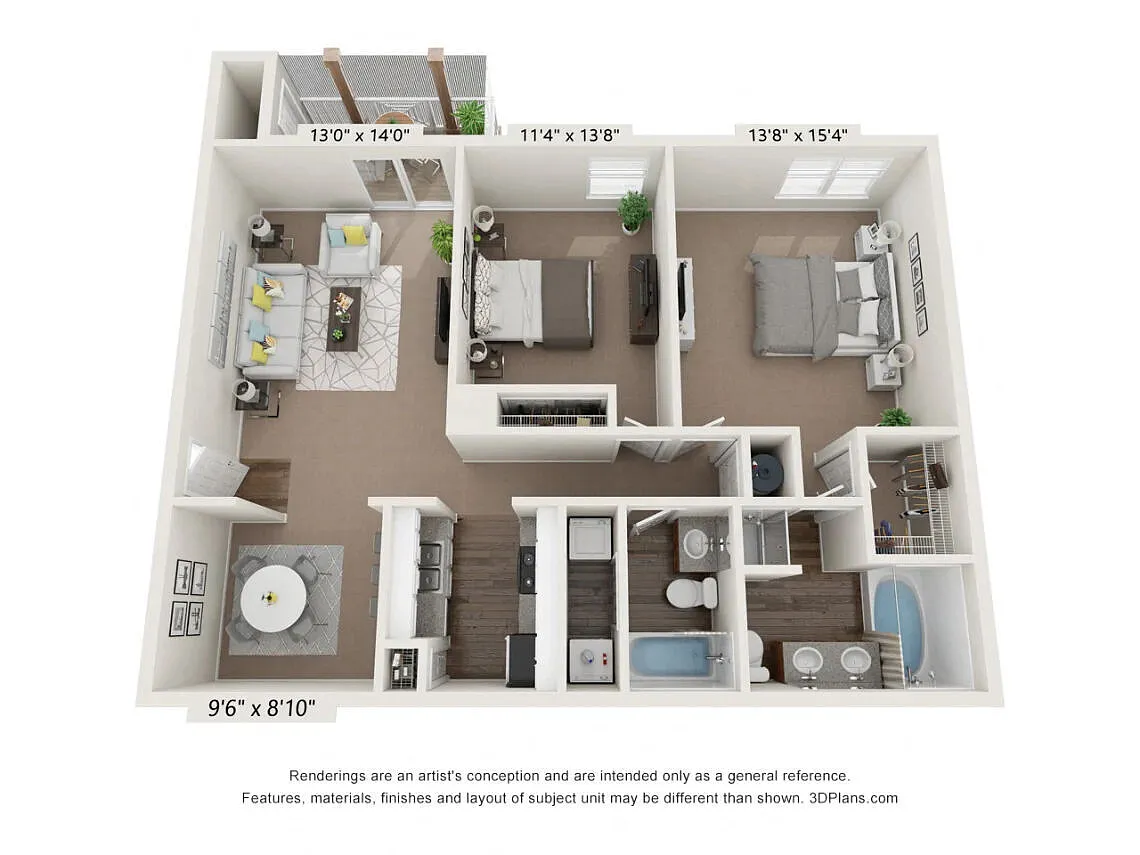 Floor plan 2 Bedroom 2 Bath 1195sf