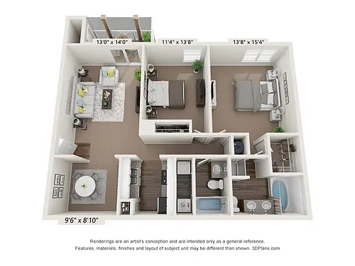 Floor plan 2 Bedroom 2 Bath 1195sf