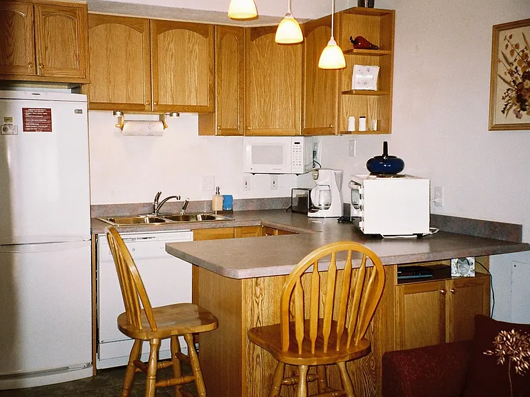 Kitchenette. Light fixture has been replaced with ceiling fan with lights, which adds to your comfort.