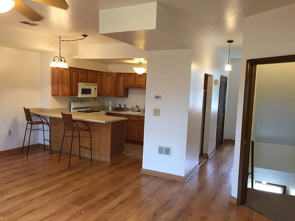 Kitchen opens into living room