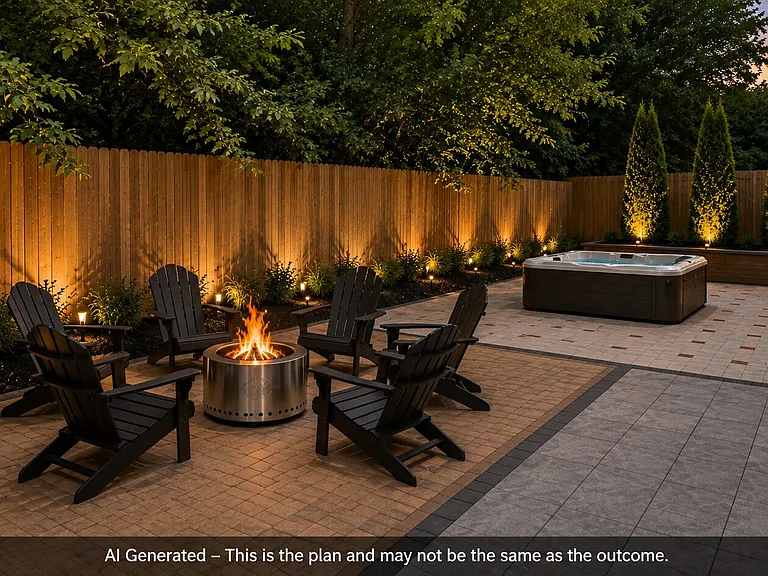 Outdoor area under construction. AI-generated rendering shows the planned design with a 5-person, 65-jet hot tub, fire-pit seating, landscaping and lighting. Improvements are expected to be completed by August 28, 2026. Final appearance may vary.