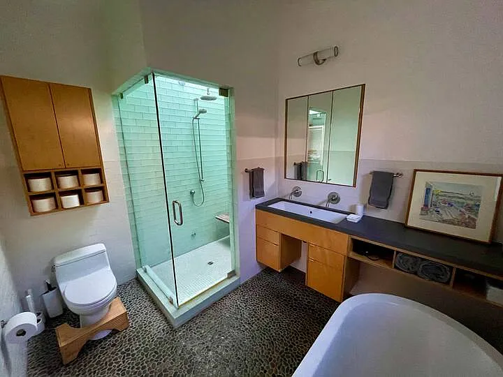 Master bathroom, steam shower with 14ft ceiling and skylight, 7ft bathtub