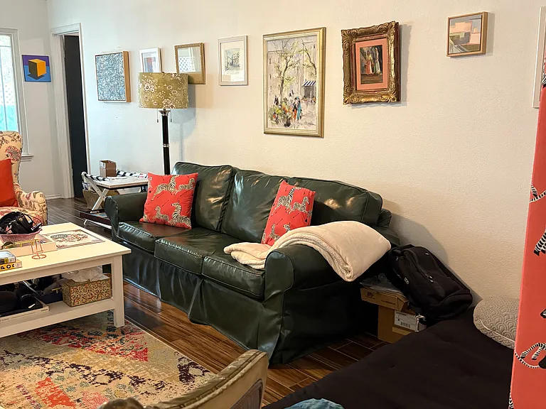 Comfortable couch with dark green leather, you can also sleep comfortably on it by removing the cushions.