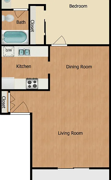 1 Bed 1 Bath Floorplan Diagram