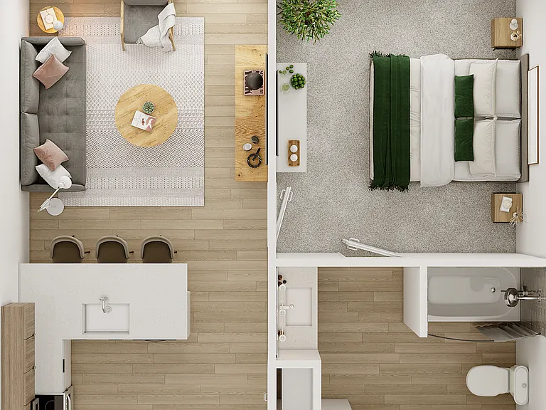 Explore this stylish 1-bedroom apartment with an open-concept design and serene balcony view. Explore this stylish 1-bedroom apartment with an open-concept design and serene balcony view.