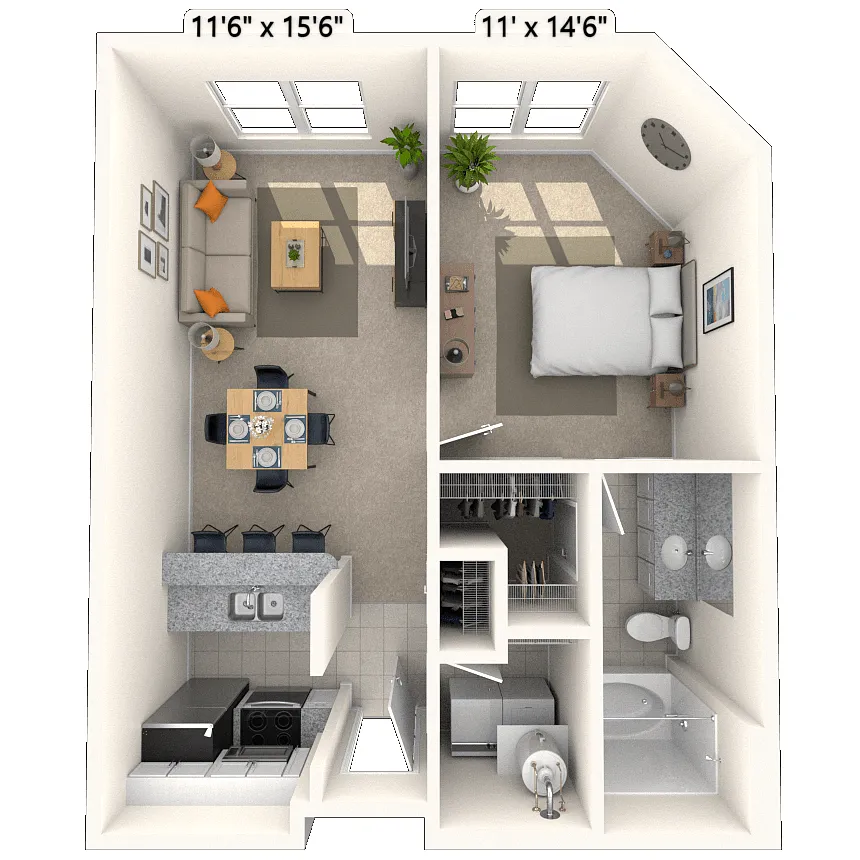 Floor plan Traditional 1x1 580-935 SF