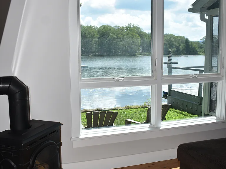 Looking from the living room to the outside/lake