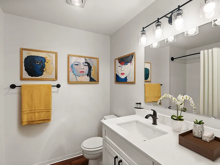 Immerse yourself in the sophistication of this contemporary bathroom, adorned with artistic flair.