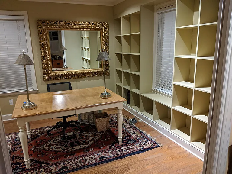 Downstairs Office 12ft x 18ft - with Built-in Shelfs, next to Large Laundry Room with Washer & Dryer, Large cabinets and Work Counter