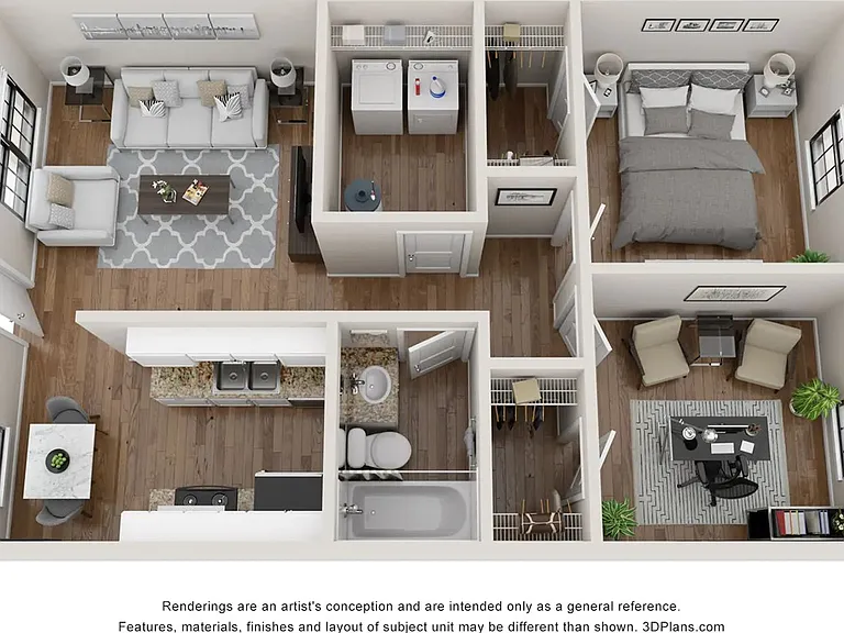 A 3D floor plan rendering of The Chalet floor plan, a one-bedroom, one-bathroom apartment with a bonus room.