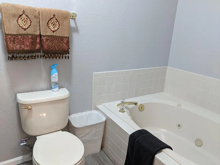Private soaking tub and toilet ensuite of Primary bedroom.