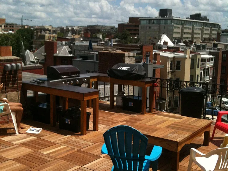 Gorgeous rooftop deck for sunbathing, socializing, eating, etc. Available 24/7. Contains gas grill, seating and tables. View here is looking from R street to the south