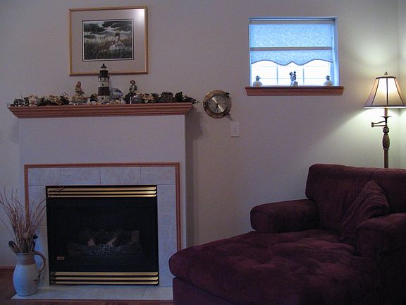 Living room has vaulted ceilings and gas fireplace