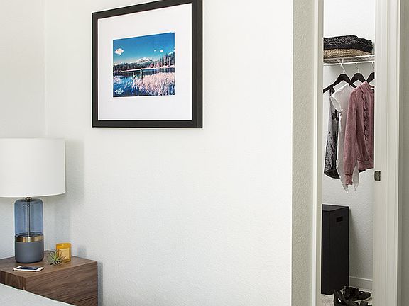 Spacious apartment Bedroom with Large Closet and Carpeted Floor.