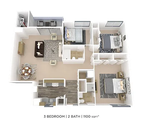 Floor plan Three Bedroom 2 Bath- 1100 sqft