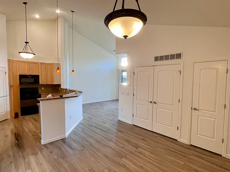 Photo taken from dining room. Double doors have full capacity washer/dryer, kitchen has pantry