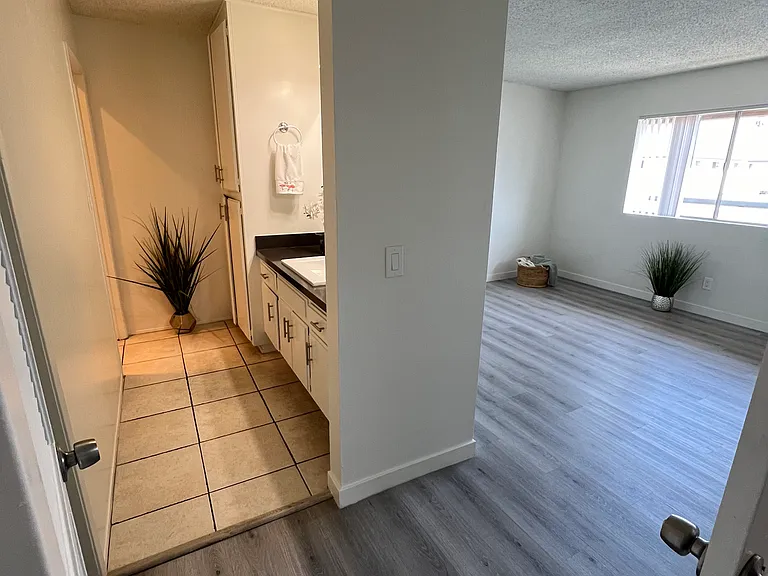Coming in through the French double doors, overseeing the bedroom and the vanity bathroom and linen closet straight-ahead