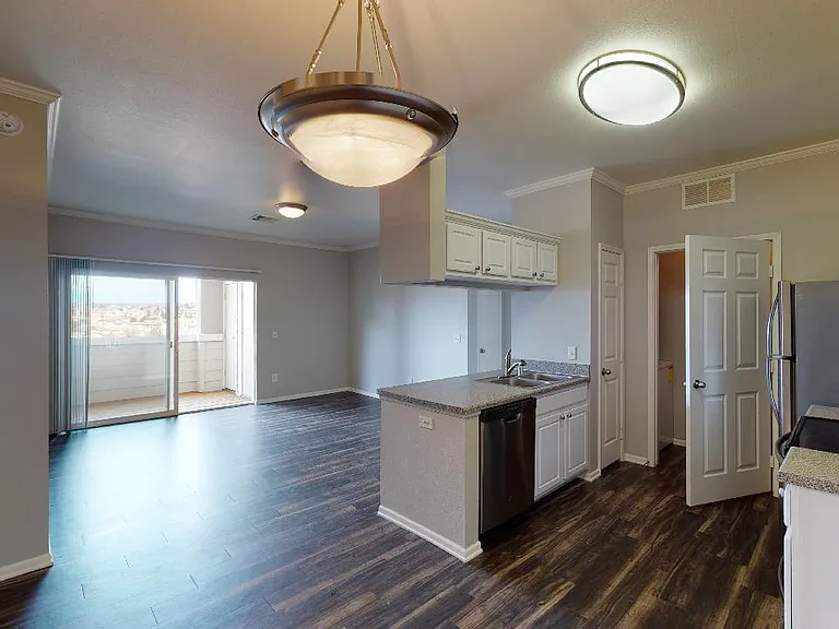 Apartment living room with wood-style flooring and patio or balcony in select homes.