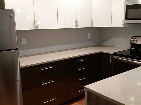Kitchen counters, cupboards, fridge and range