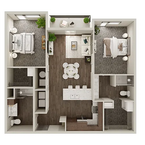 Floor plan 2 Bedroom, 2 Bathroom - 1056-1077 SF