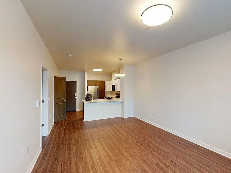 Apartment kitchen with stainless steel appliances, dining and living room with wood-style flooring.