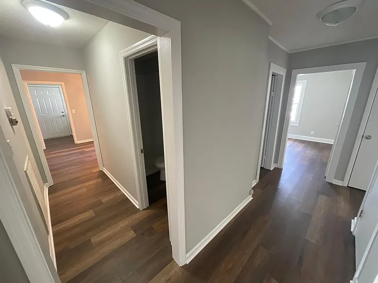 Hallway connecting kitchen, living room, and bedrooms.