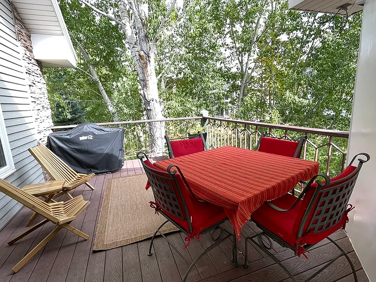 Deck with grill (and view of the gondola in the distance, in the winter).