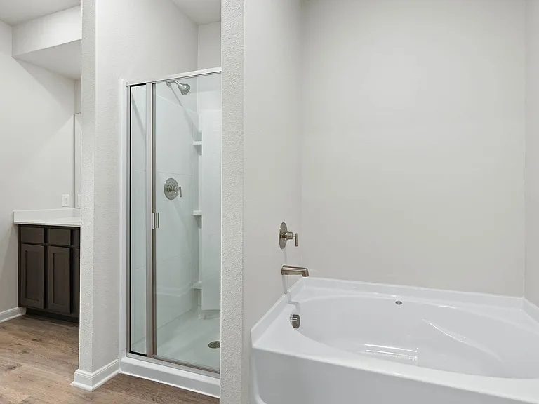 The master bathroom has a glass, walk-in shower and a garden tub.