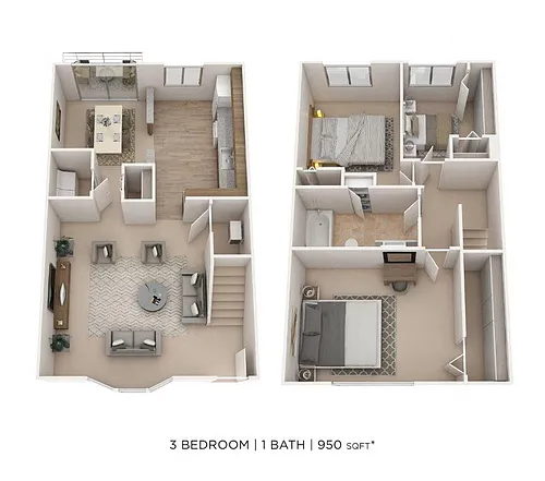 Floor plan Three Bedroom 1.5 Bath Townhome - 950 sqft