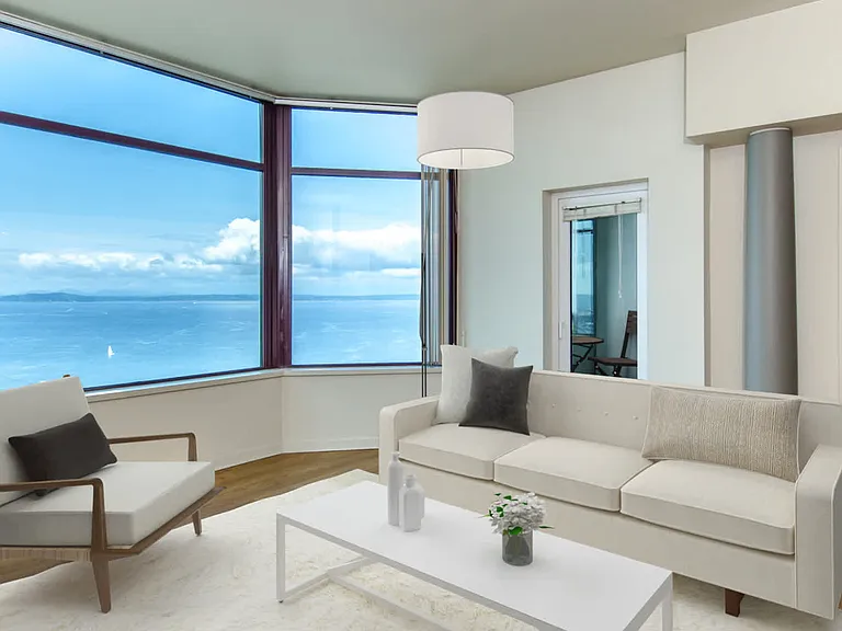 Living Room with Hard Surface Flooring and Views of the Bay