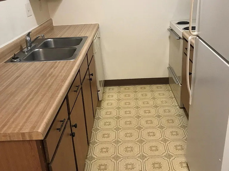 Functional kitchen with dishwasher, plenty of cabinet space and refrigerator.