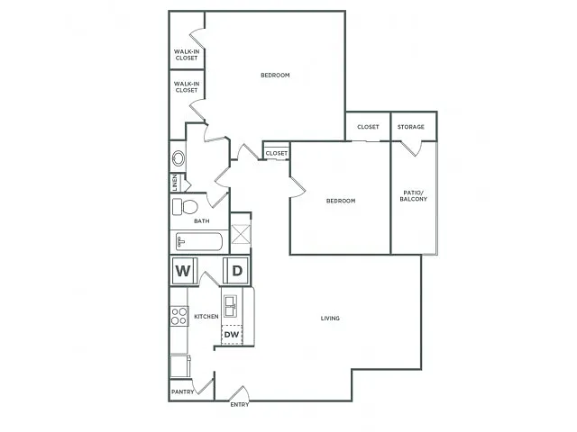 Floor plan Two Bedroom One Bath (988 SF)