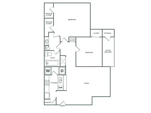Floor plan Two Bedroom One Bath (988 SF)