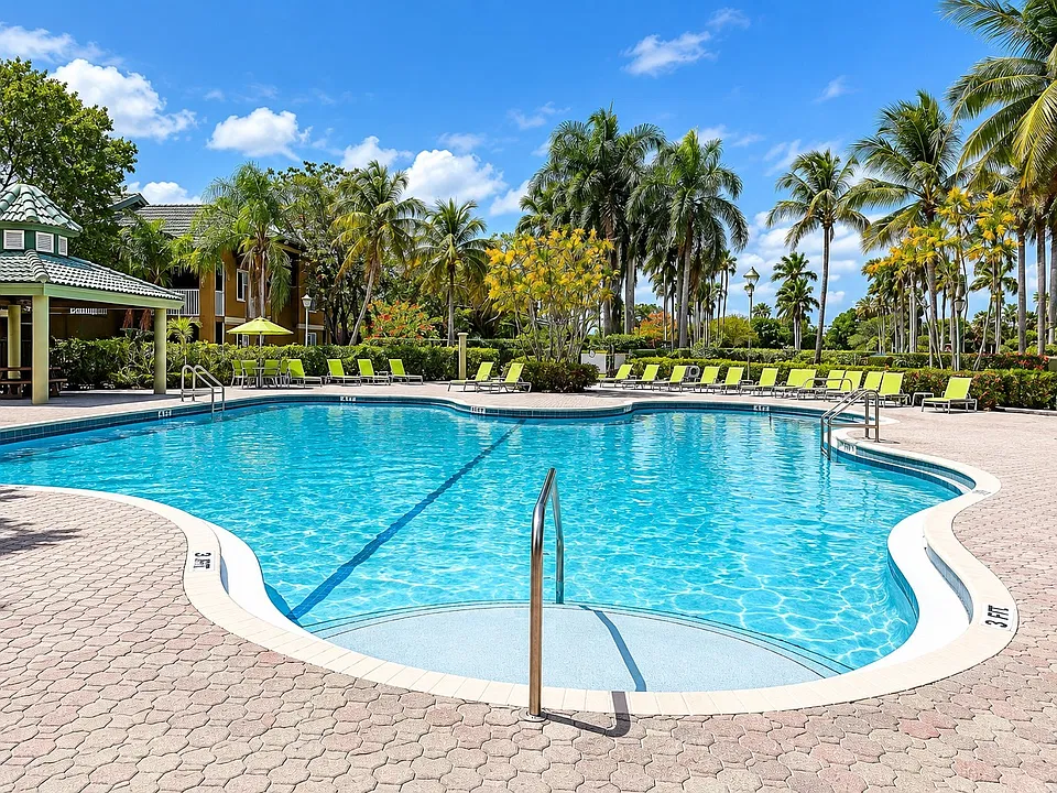 Dive into relaxation at Weston Place Apartments, featuring a stunning pool surrounded by lush landscaping and vibrant palm trees. Enjoy sunny days and tranquil evenings in your new oasis. Explore your future home today!