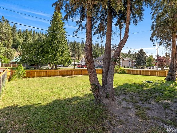 A view looking north you can see the wide expansive yard with the lush evergreens in the background.