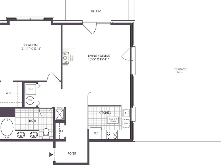 1 Bed/ 1 Bath floor plan 1000 Jefferson Street Apartments
