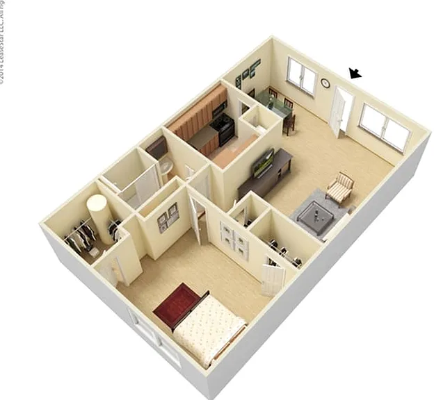Charming 3D floor plan showcasing a 1-bedroom apartment with a cozy living space, modern kitchen, and stylish bathroom. Charming 3D floor plan showcasing a 1-bedroom apartment with a cozy living space, modern kitchen, and stylish bathroom.