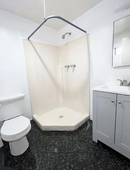 Spacious bathroom with newer vanity and toilet and large shower