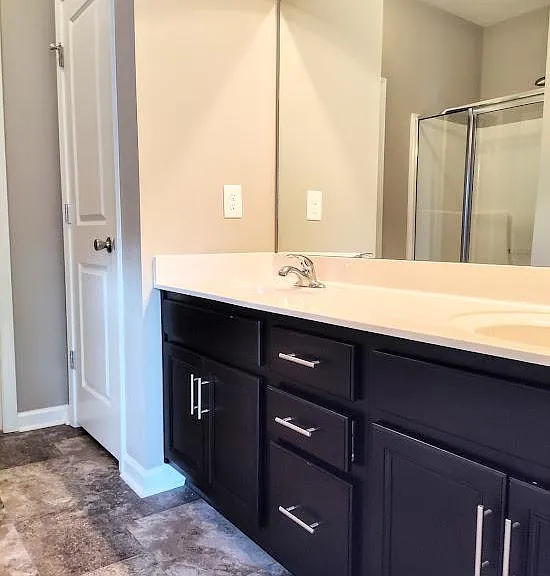 The primary bathroom has double sinks and a walk-in closet.