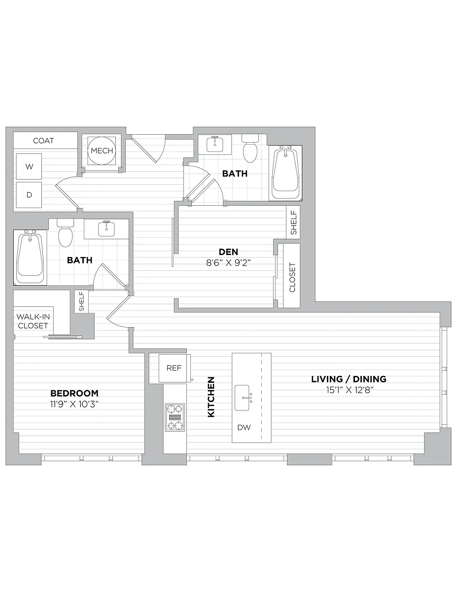 Floor plan 1 Bed/2 Bath Den-1E