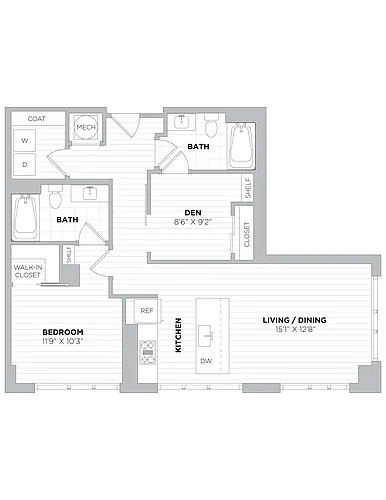 Floor plan 1 Bed/2 Bath Den-1E