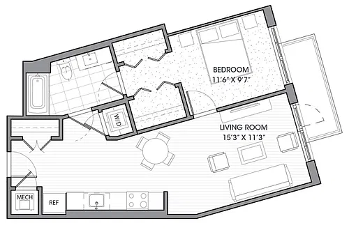 Floor plan One Bedroom One Bath (696 SF)