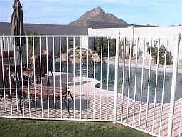 Beautiful Pebble Tec swimming pool with fountain, brand new pool fence