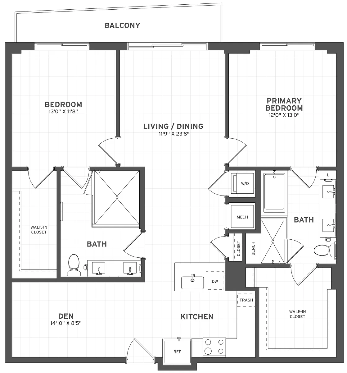Floor plan 2 Bed/2 Bath Den-B1A