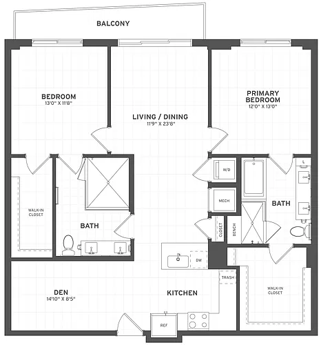 Floor plan 2 Bed/2 Bath Den-B1A
