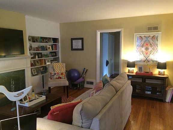Large living room with built in bookshelf
