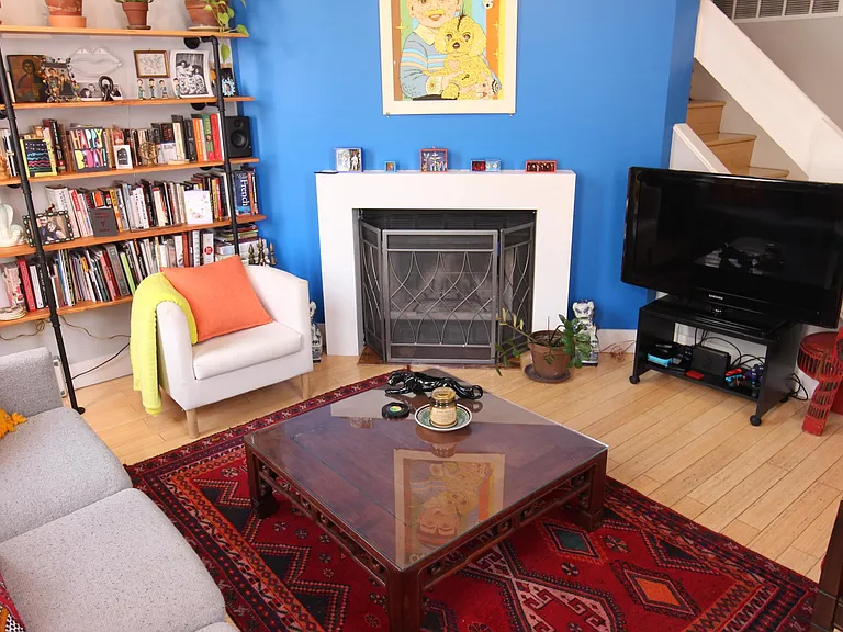 Living room fireplace.